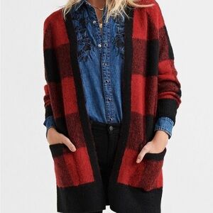 Lucky Brand Buffalo Check Red and Black Long Cardigan Size Medium
